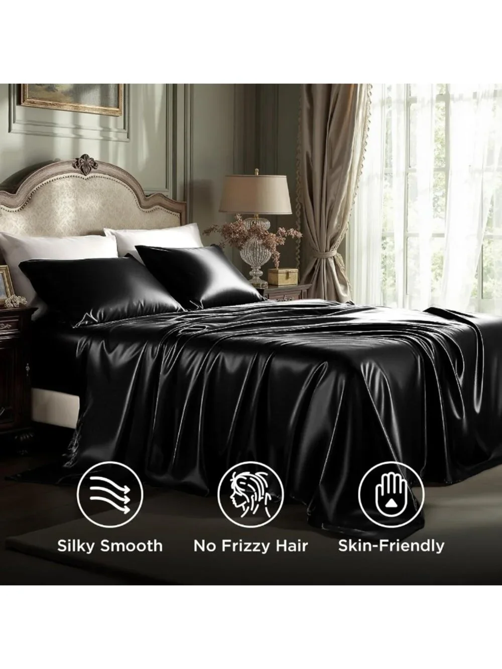 Luxurious Black Satin King Size Sheets - 4 Piece Set with Deep Pocket